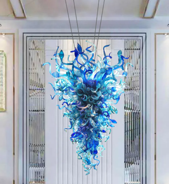 Hand Blown Glass Chandelier Lamp Indoor Ceiling Lighting Blue LED Light Source Murano Style Glass Chandeliers for Hotel Living Room Bedroom Decor LR394